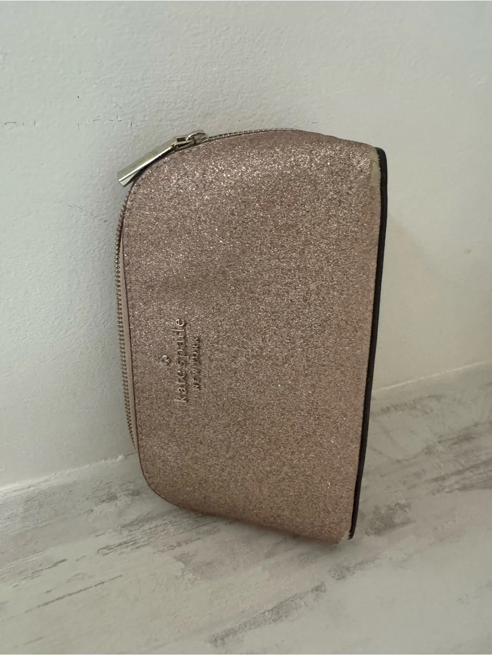 kate spade glitter zip cosmetic pouch in rose gold